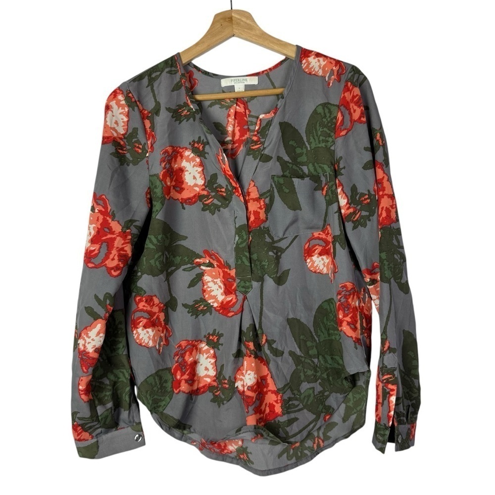 Boutique Piperlime Gray Floral‎ Popover Long Sleeve Blouse S